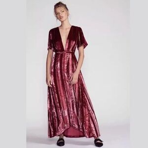 Free People Kara velvet wrap maxi dress Size XS red metallic shine whimsigoth‎
